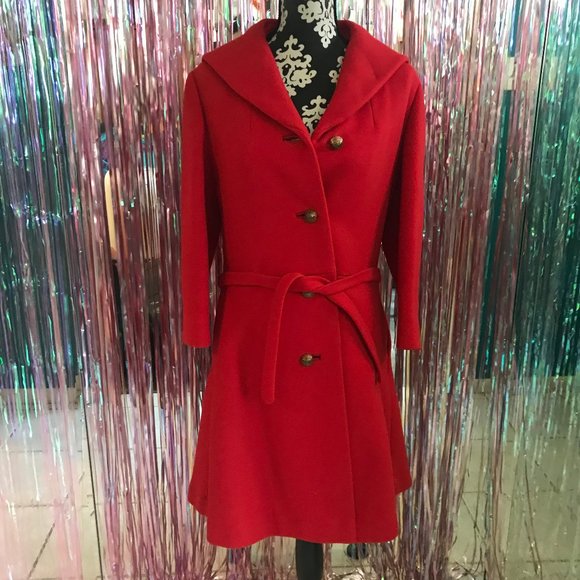 Vintage Jackets & Blazers - Vintage Woman's Bright Red Peacoat Jacket GUC Retro Pleated Skirt Attached Belt